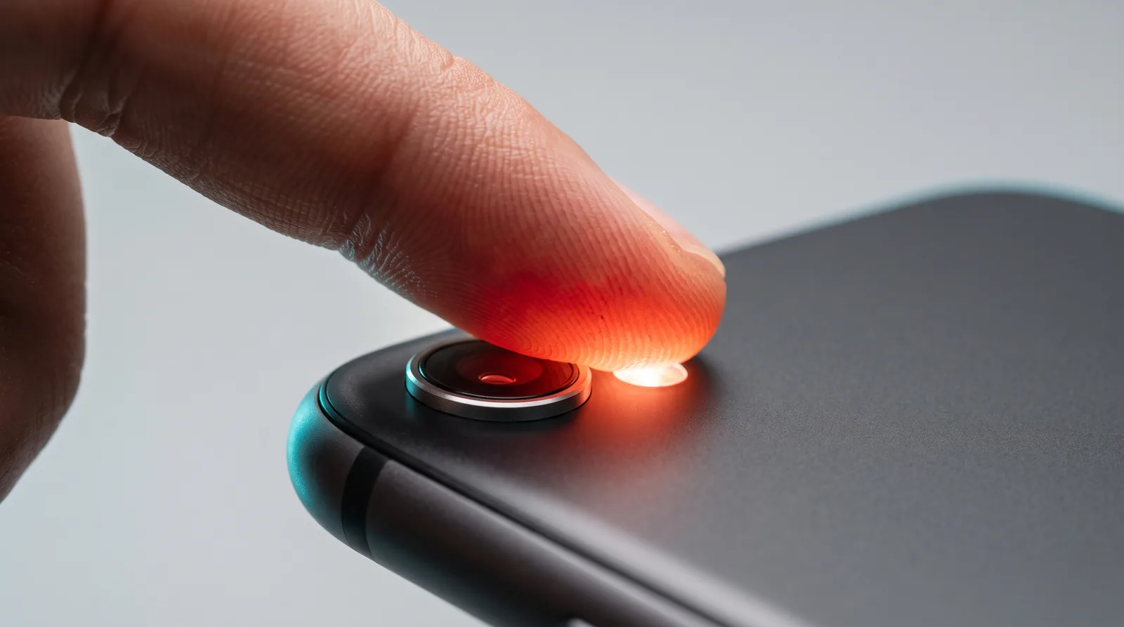 A fingertip resting on a phone's rear camera with the flash lit, the skin glowing red around the lens.
